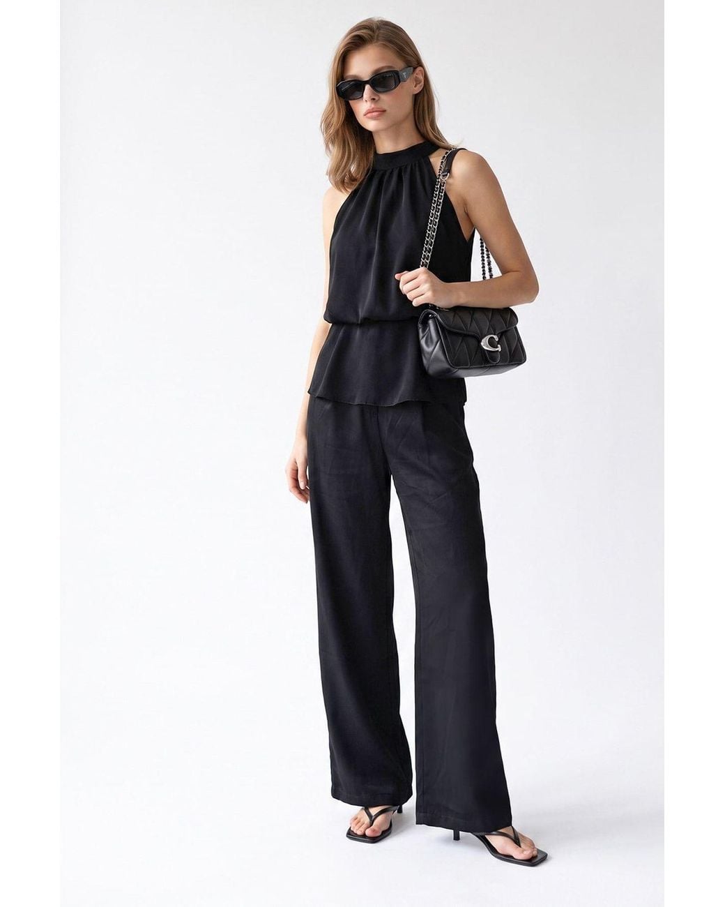 MixRay Black Halter Blouse And Wide-Leg Pants Set