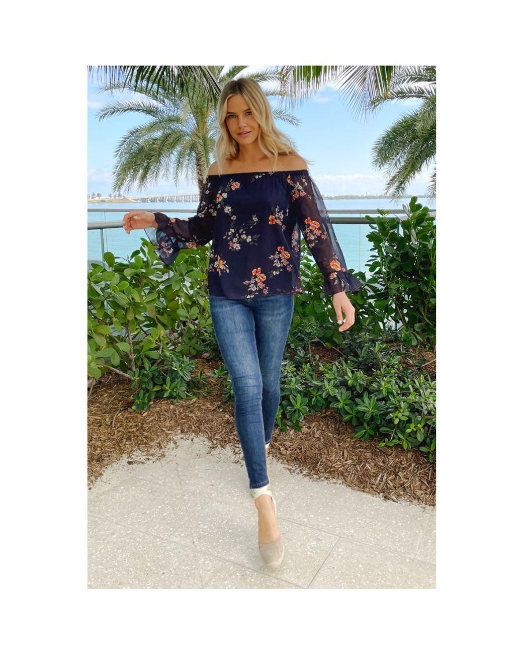 Sosandar Blue Print Sheer Sleeve Bardot Top
