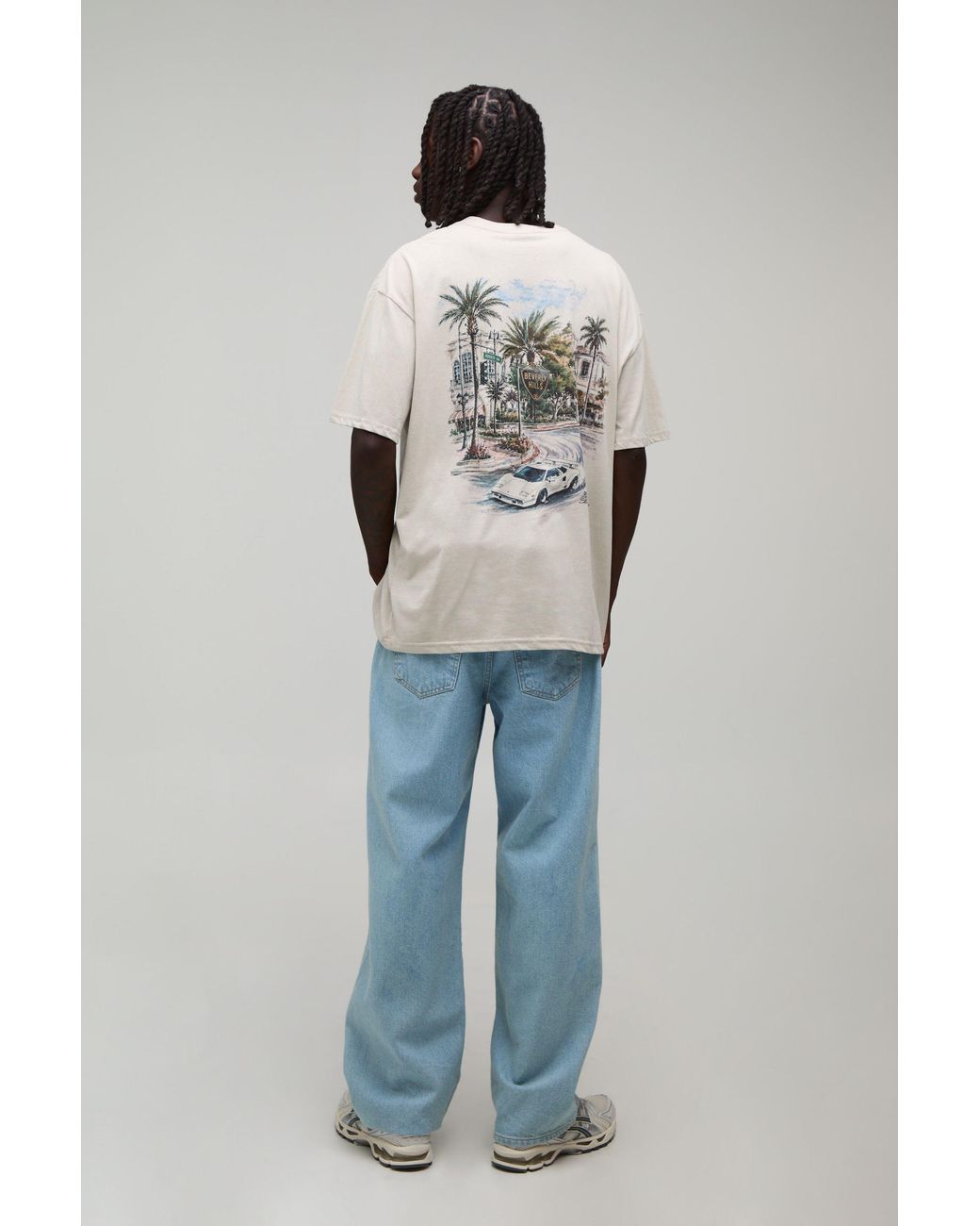 BoohooMAN Gray Stone Oversized Palm Beverly Hills Print T-Shirt for men