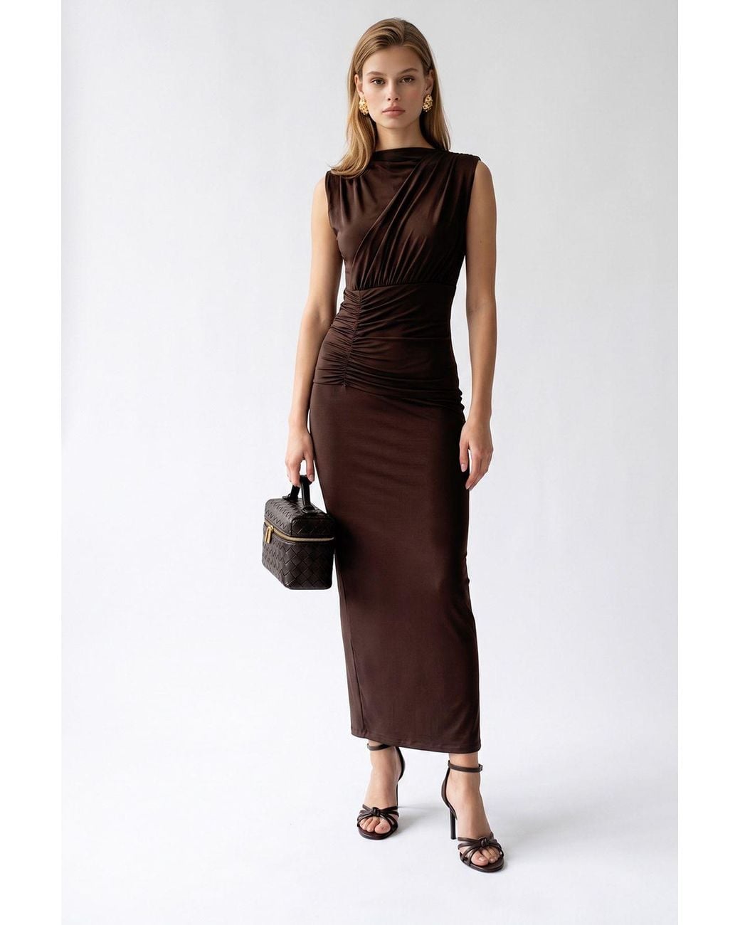 MixRay Brown Sleeveless Bodycon Maxi Dress With Cowl Neck