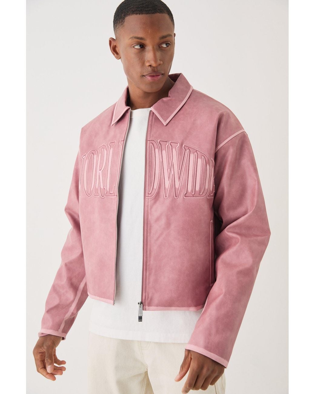 BoohooMAN Boxy Tumble Pu Applique Harrington Jacket In Pink for men