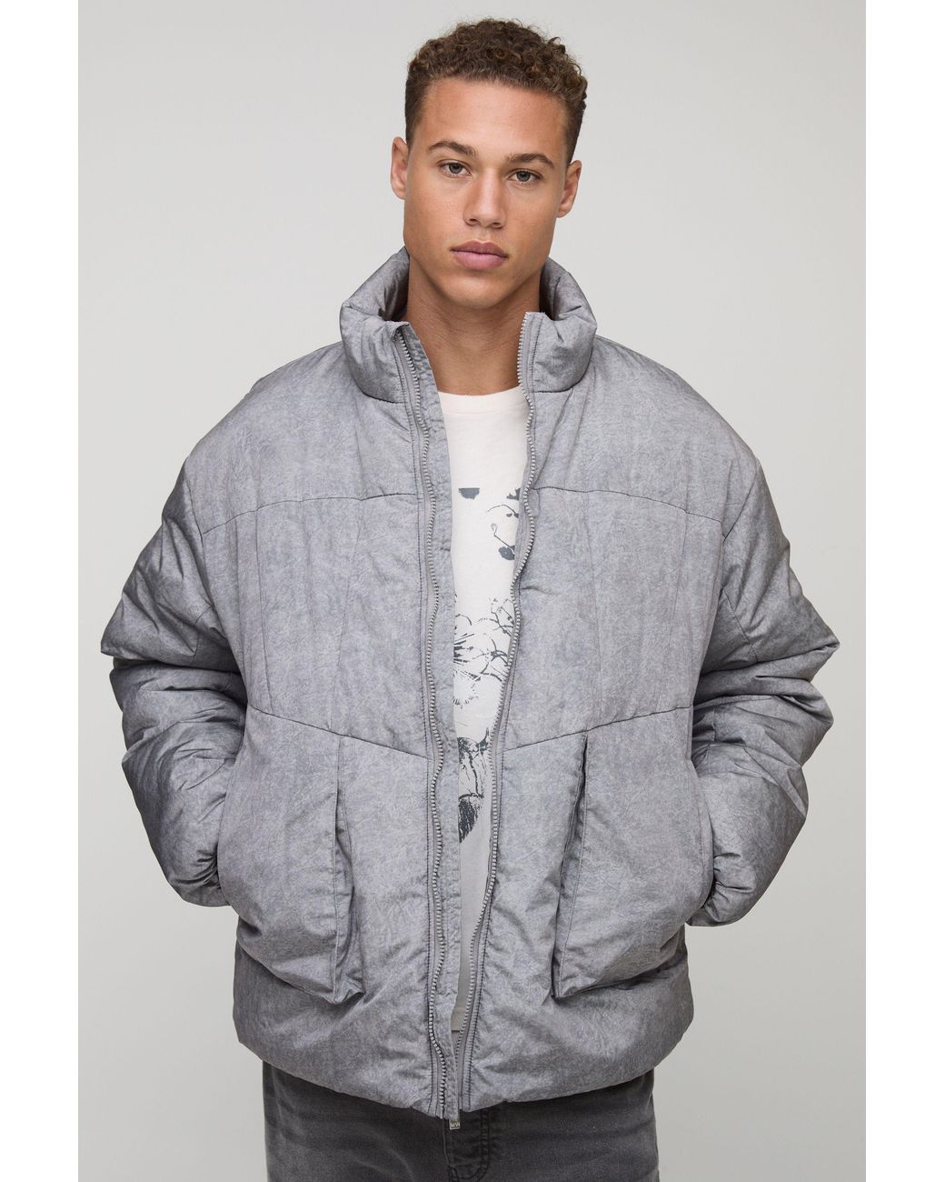 BoohooMAN Gray Tall Oversized Fit Washed Nylon Padded Funnel Neck Puffer Jacket for men