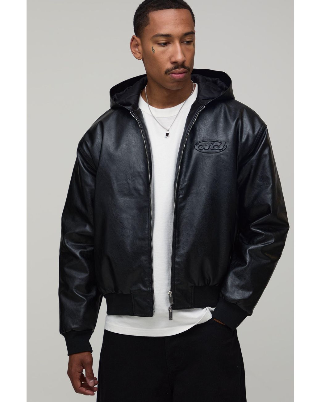 BoohooMAN Blue Boxy Fit Embossed Ofcl Hooded Bomber Jacket for men