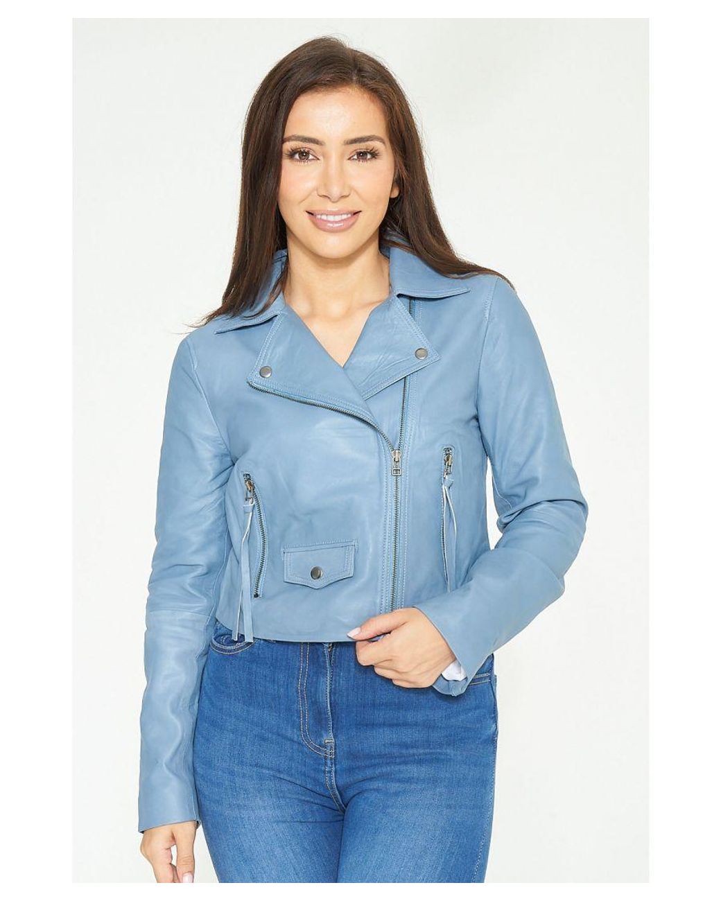 Elle Ladies Leather Biker Jacket in Blue Lyst UK