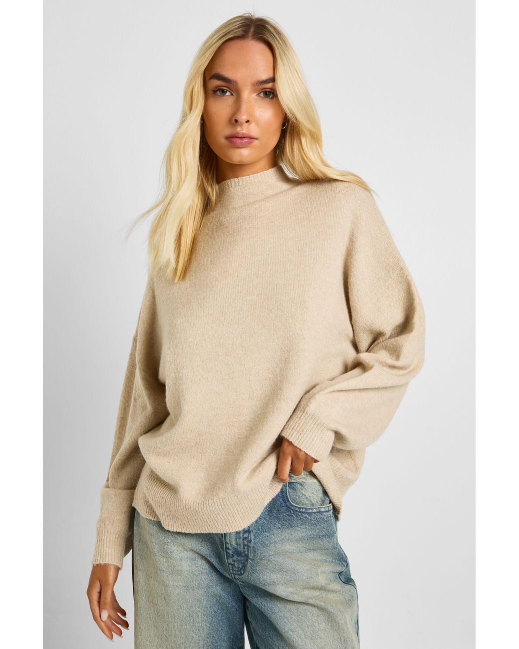 Boohoo Natural High Neck Soft Knit Sweater
