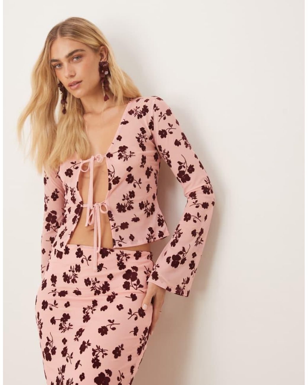 ASOS Pink Tie Front Floral Flocked Sheer Top Co Ord