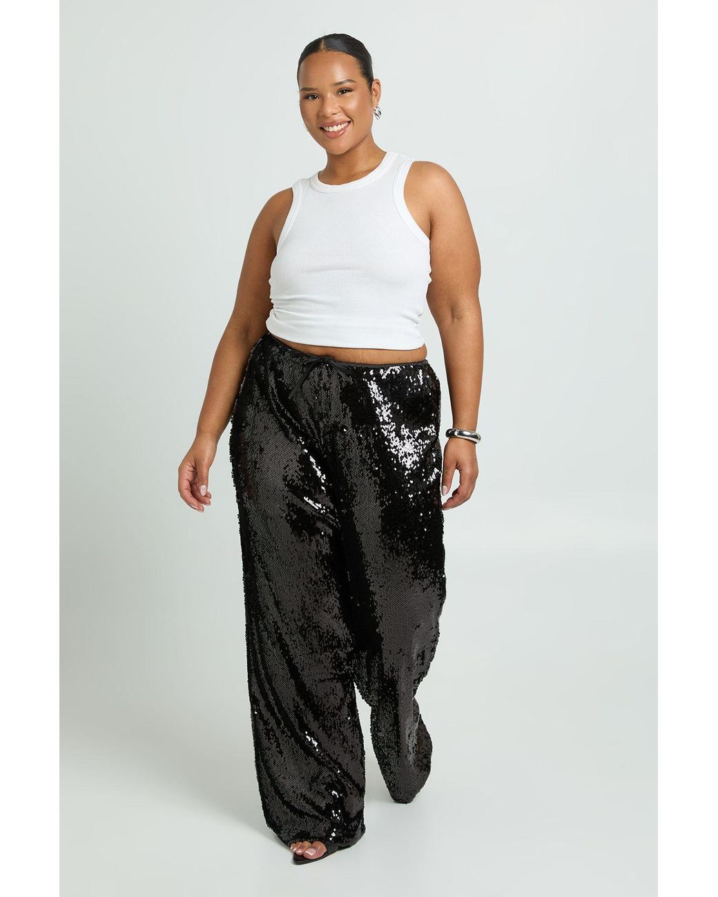 Boohoo Black Plus Low Rise Drawcord Waistband Sequin Trouser