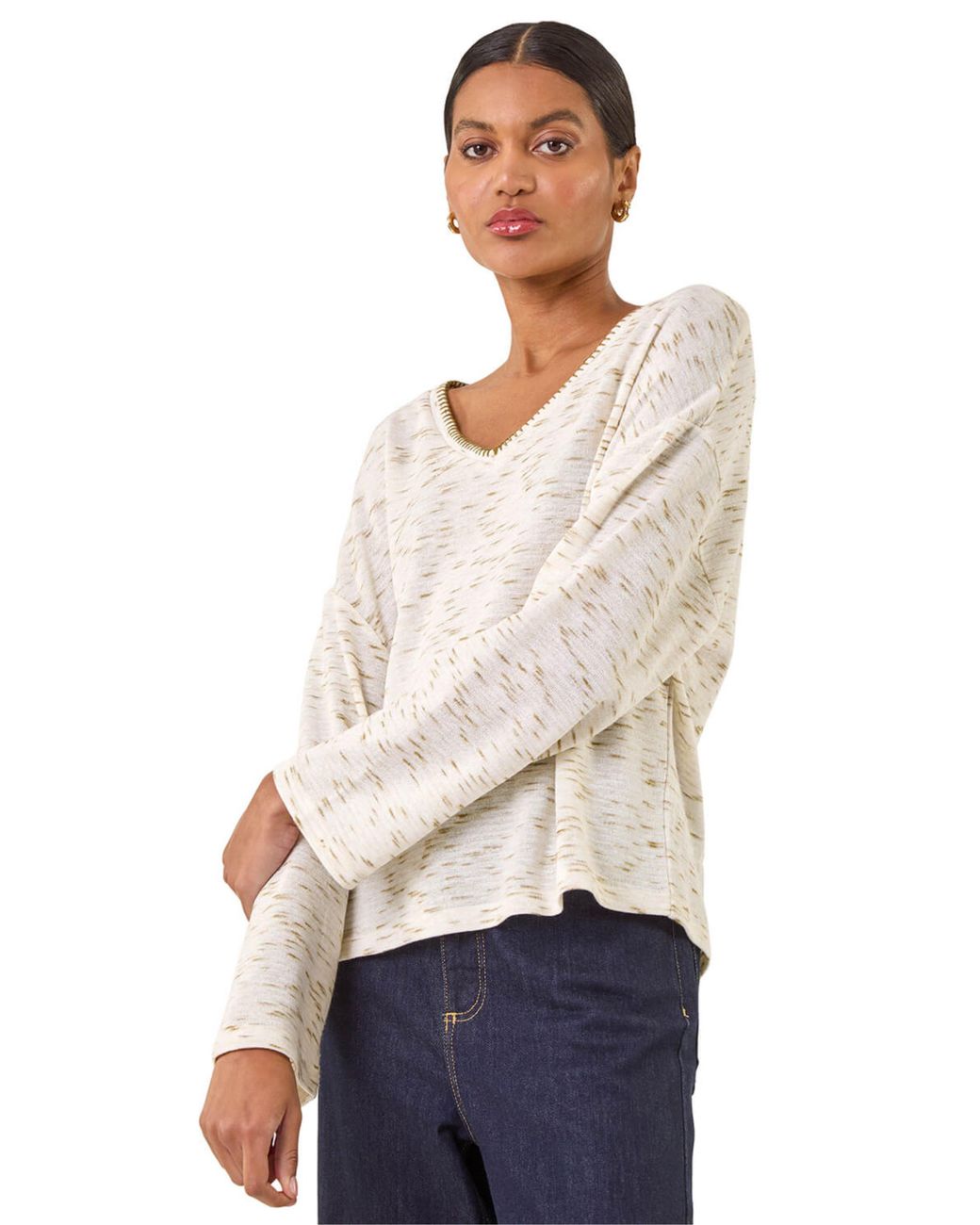 Roman Natural Contrast Stitch V-Neck Top