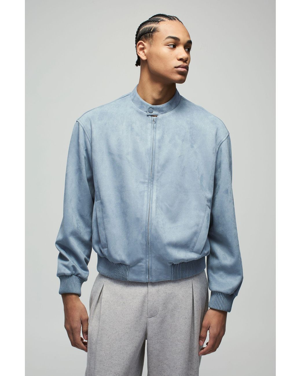BoohooMAN Blue Boxy Faux Suede Bomber Jacket for men
