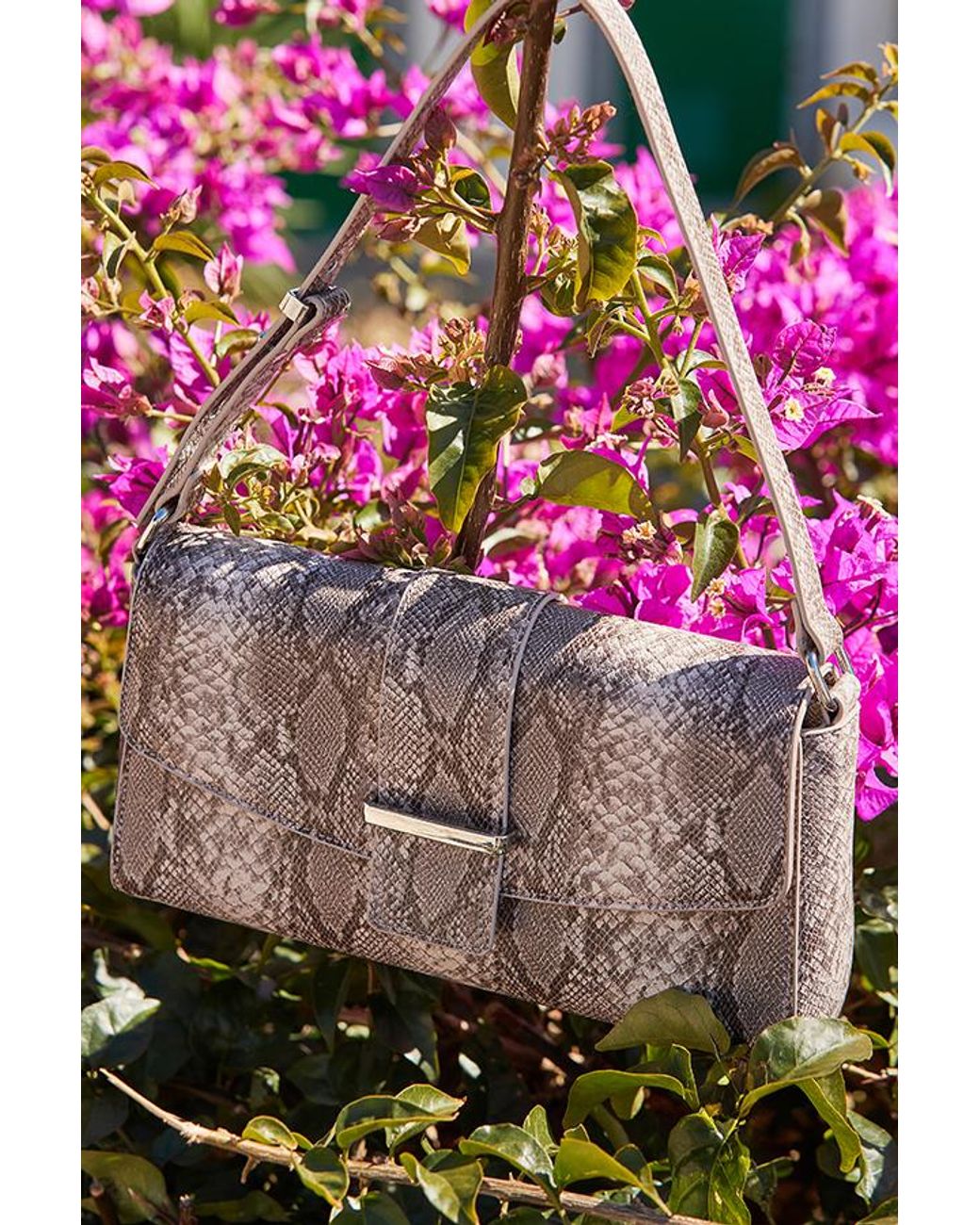 Sosandar Pink Snake Print Metal Trim Shoulder Bag