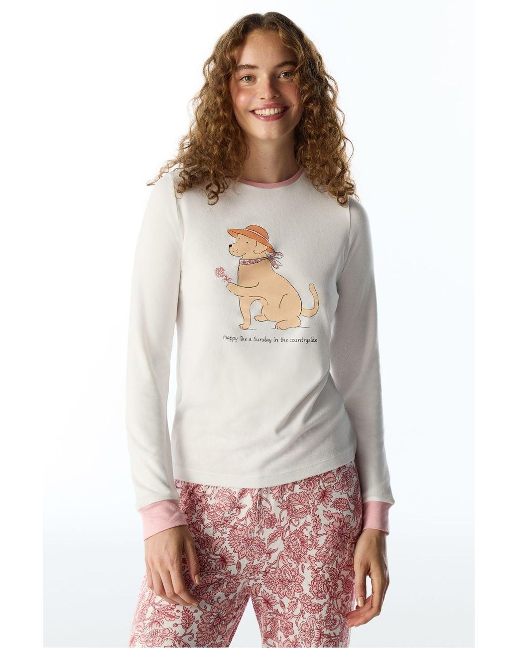 Penti White Kırık Countryside Dog Pattern Long Sleeve Pajama Top