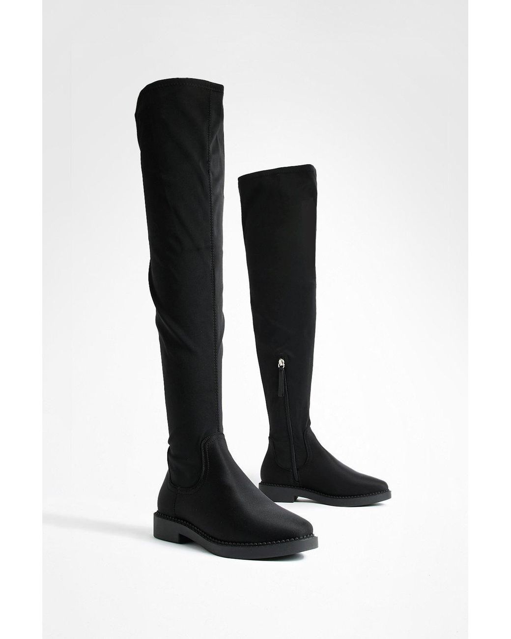 Boohoo Black Wide Fit Flat Stretch Over The Knee Boots