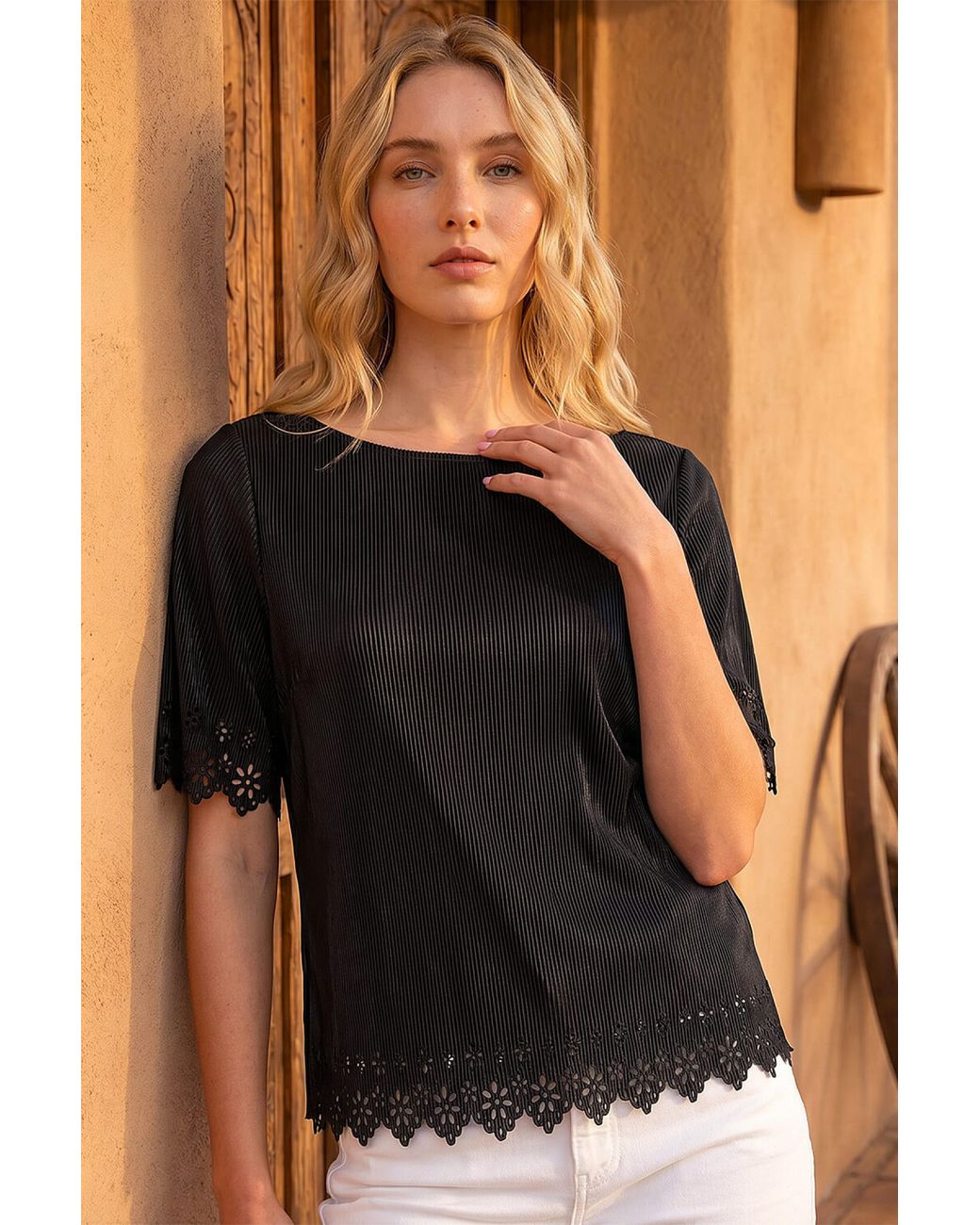 Roman Black Cut Out Hem Ribbed Top