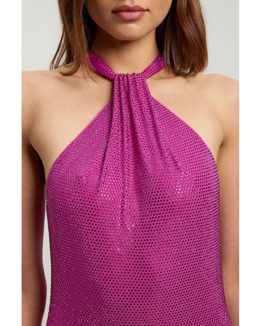 Karen Millen Pink Crystal Embellished Tie Detail Halter Neck Maxi Dress