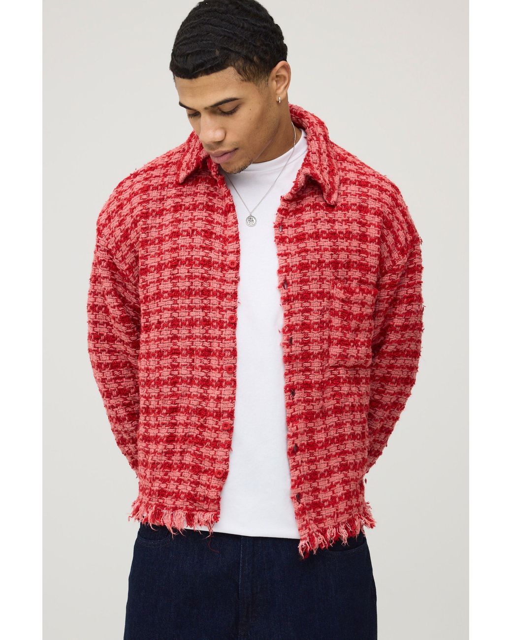 BoohooMAN Red Oversized Check Boucle Over Shirt for men
