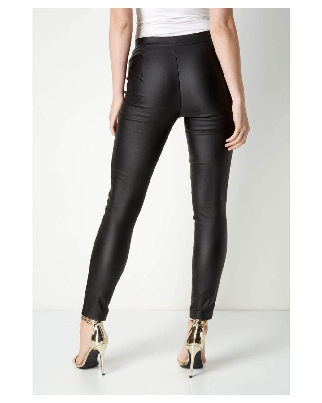Roman Black Faux Leather Pull On Elastic Waist Trousers