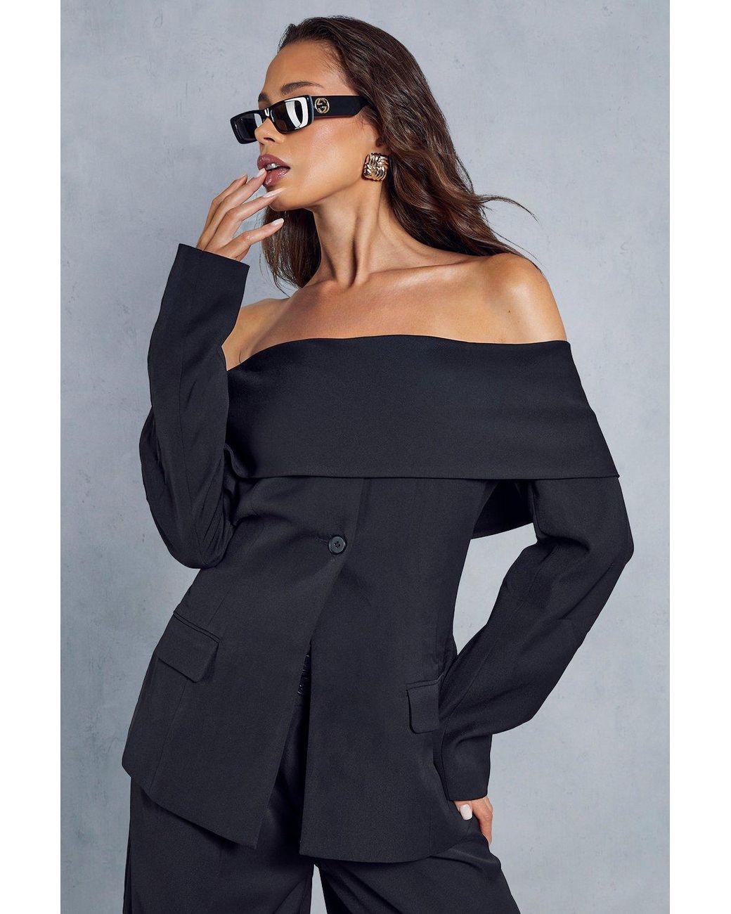 MissPap Blue Tailored Bardot Fitted Blazer Top