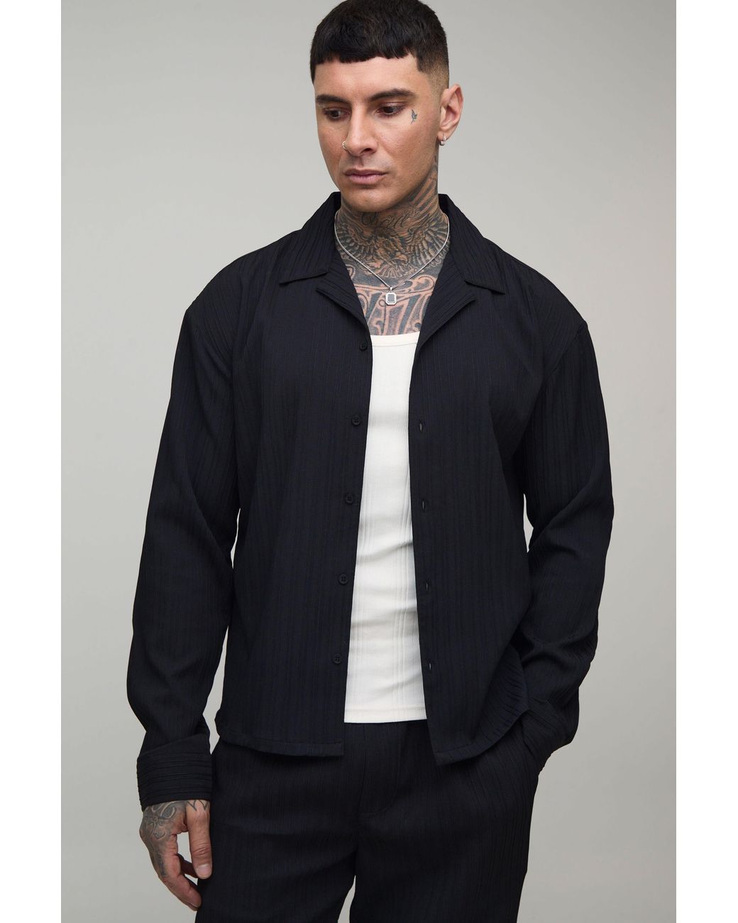 BoohooMAN Blue Tall Boxy Crop Fit Long Sleeve Irregular Pleat Overshirt for men