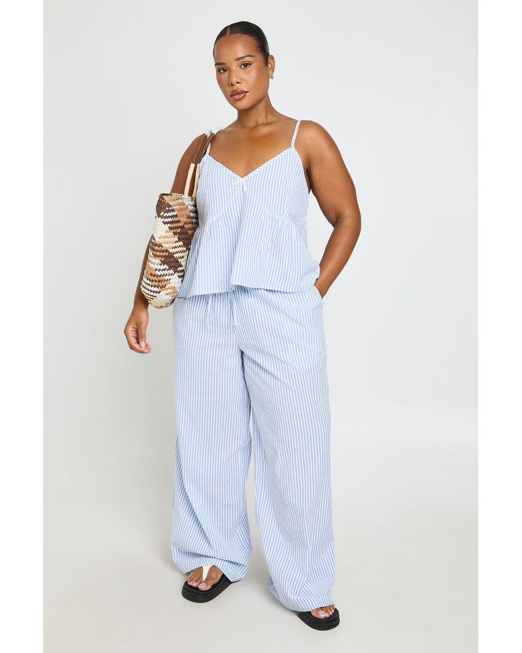 Boohoo Blue Plus Gingham Bow Detail Strappy Cami And Wide Leg Trouser Co Ord