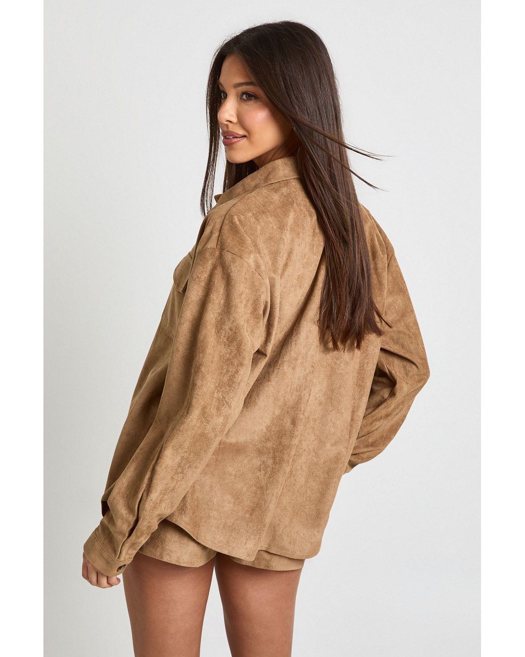 Boohoo Brown Faux Suede Oversized Shirt