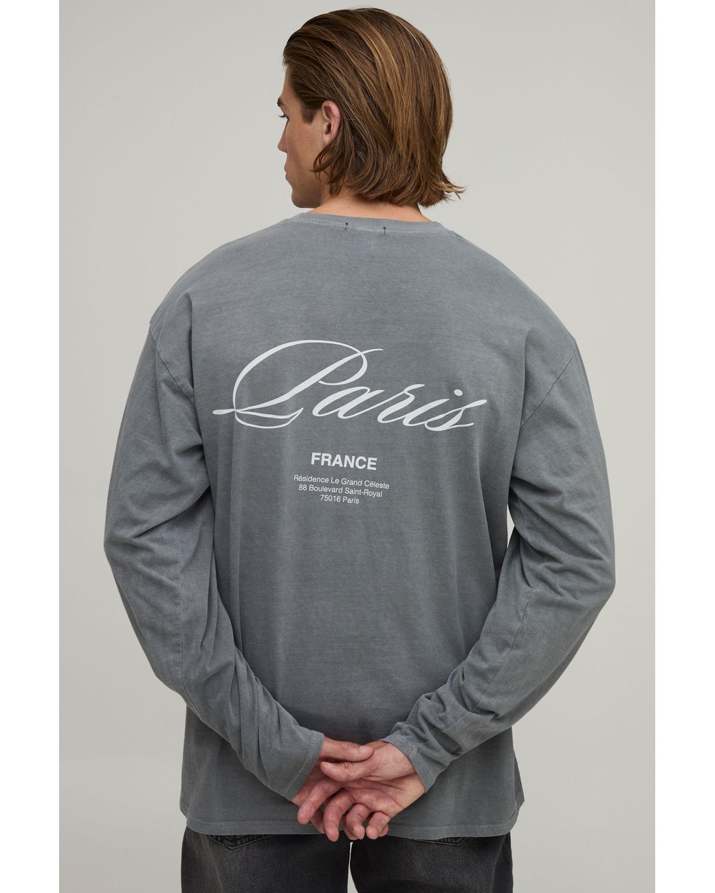 BoohooMAN Gray Washed Oversized Paris Print Long Sleeve T-Shirt for men