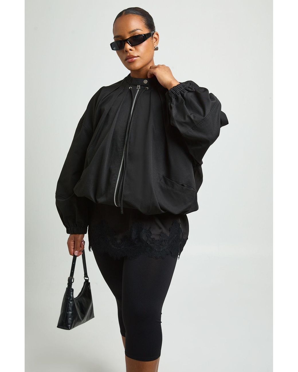 Boohoo Black Plus Zip Through Gather Detail Bomber Jacket