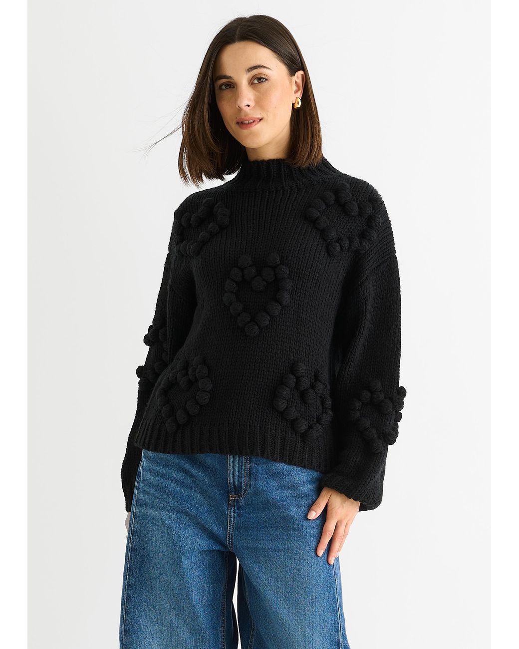 Gini London Black Heart Bubble Chunky Knit High Neck Jumper