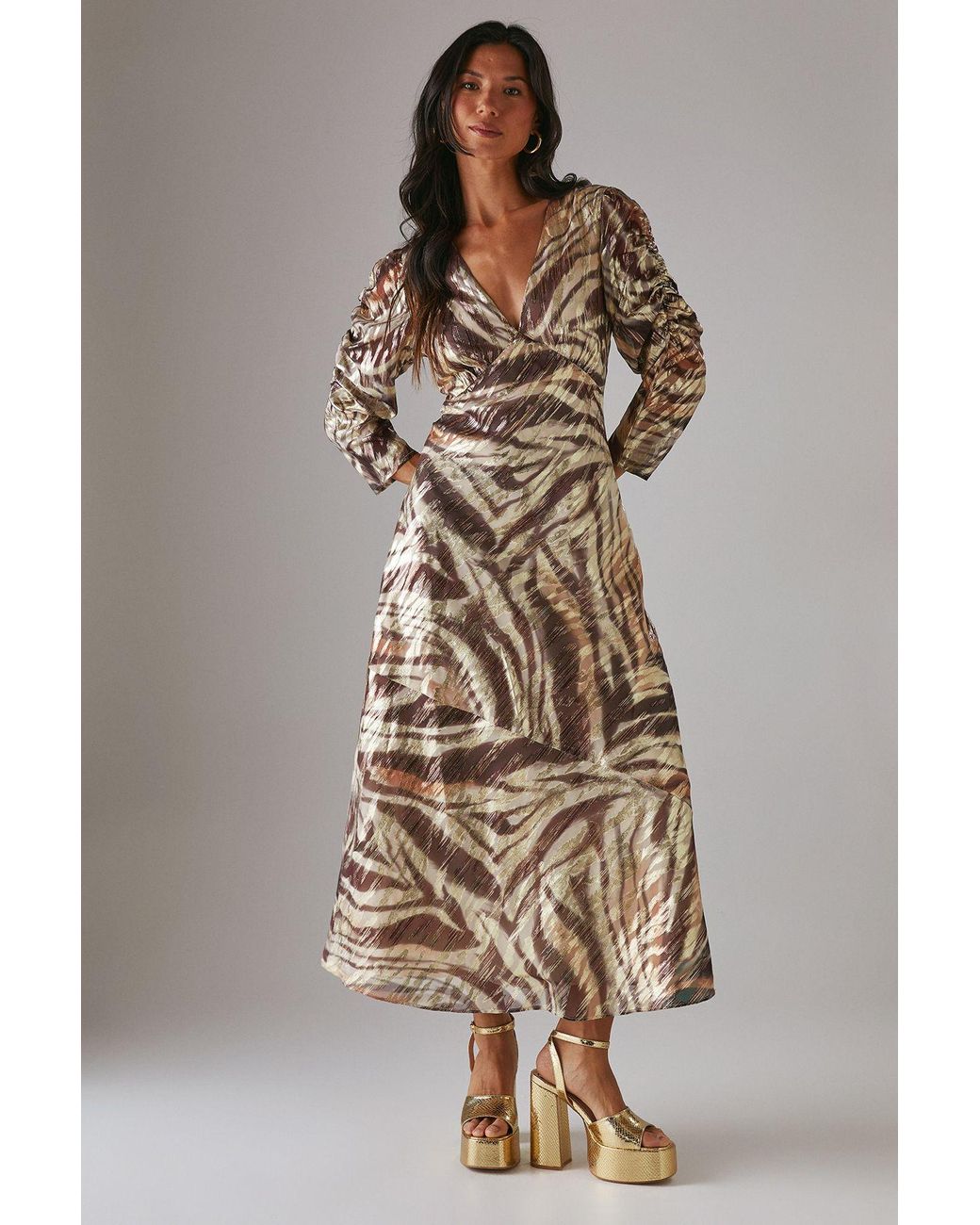 Warehouse Brown Metallic Jacquard Ruched Sleeve Plunge Neck Bias Midi Dress