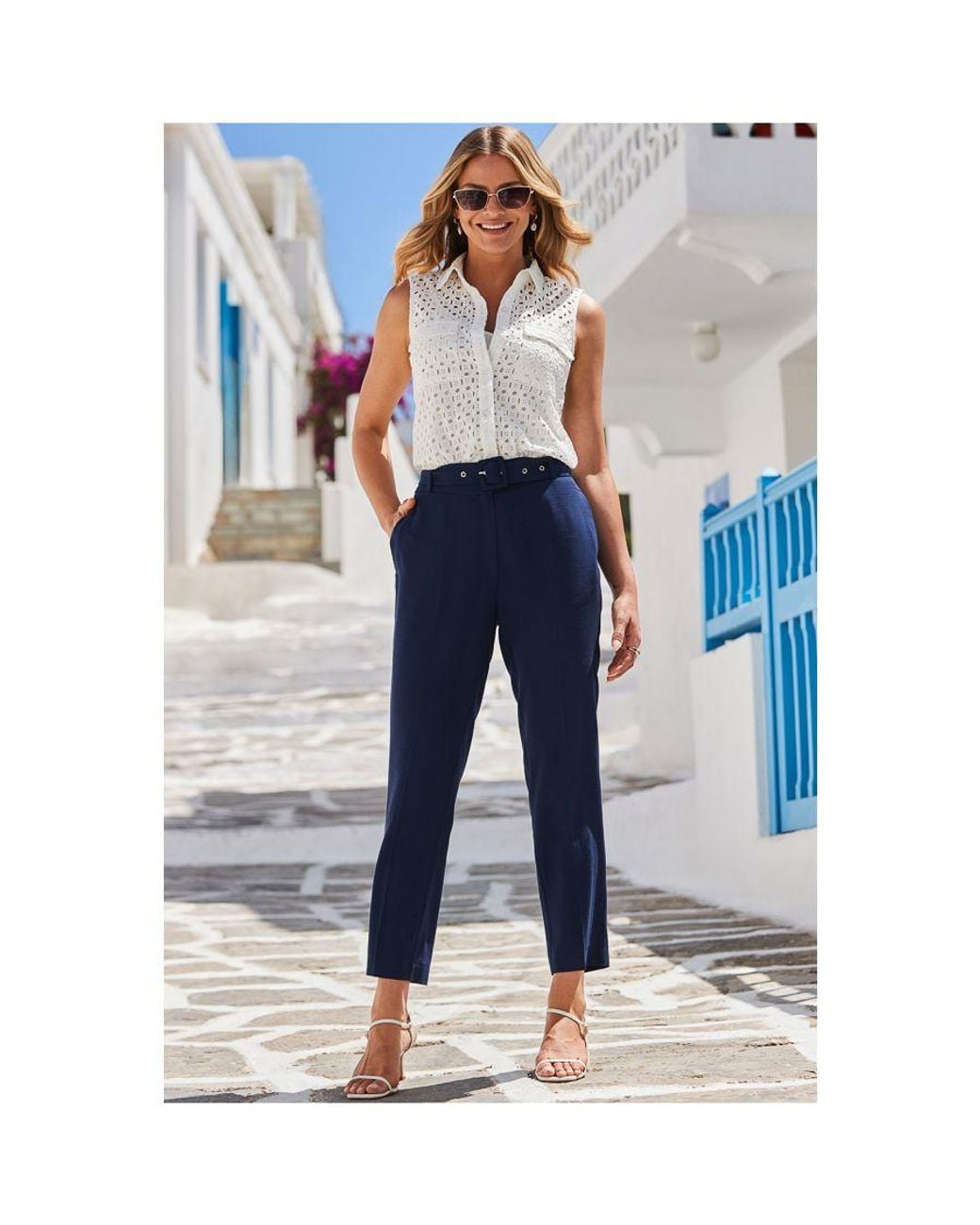 Sosandar Blue Tapered Leg Trousers With Belt