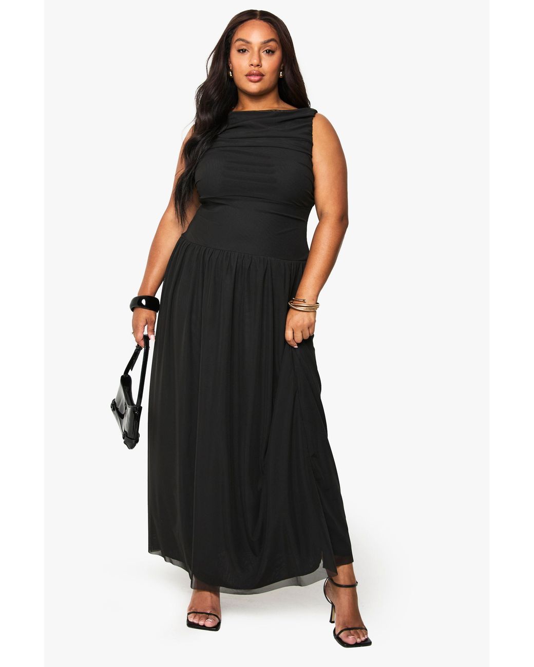 Boohoo Black Plus Mesh Ruched Drop Hem Maxi Dress