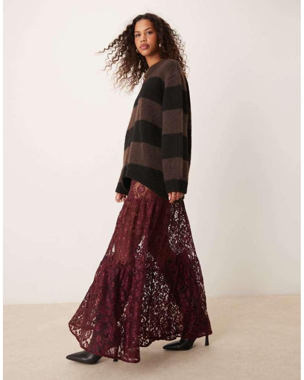 ASOS Brown Lace Tiered Midi Skirt