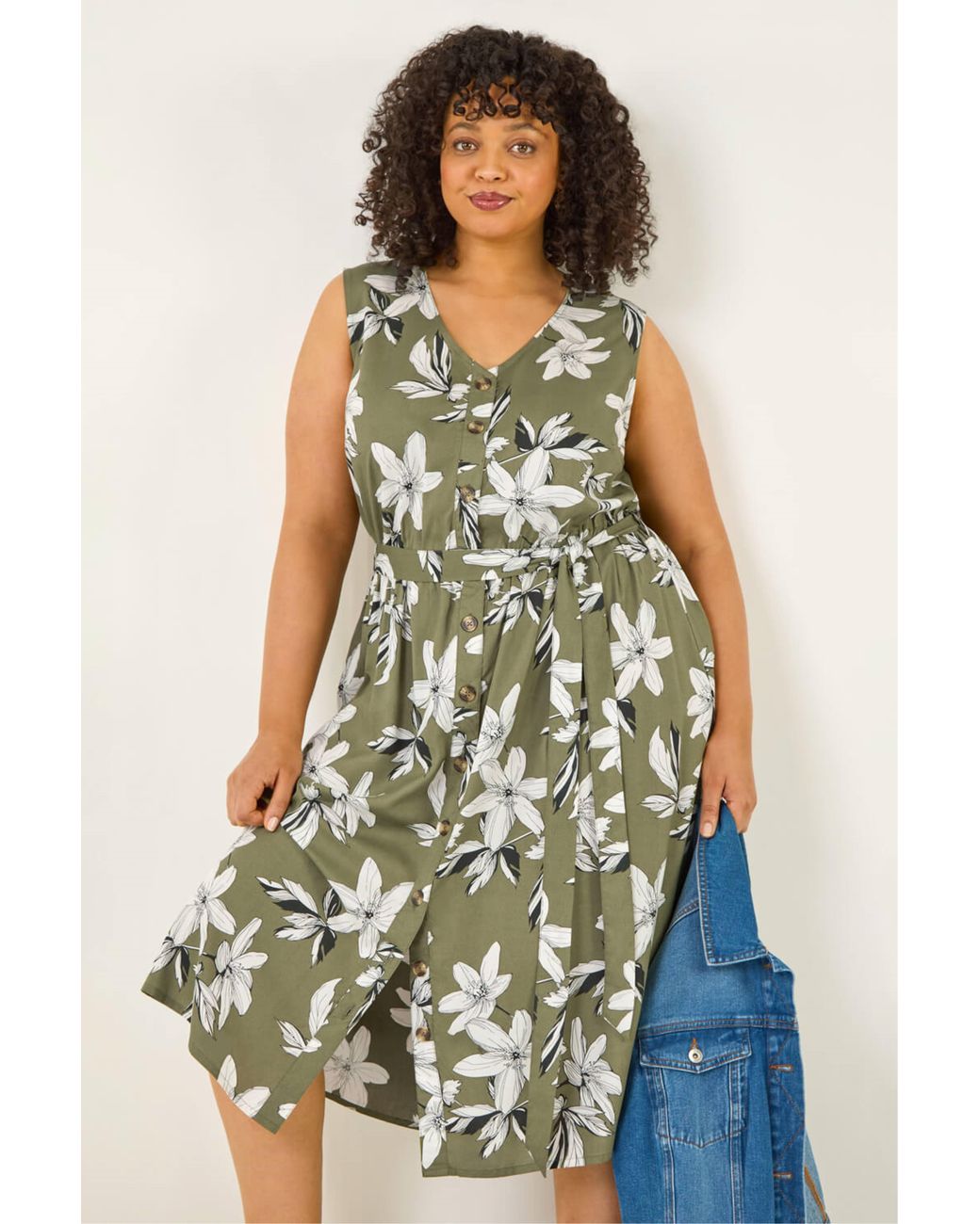 Roman White Curve Floral Button Midi Dress