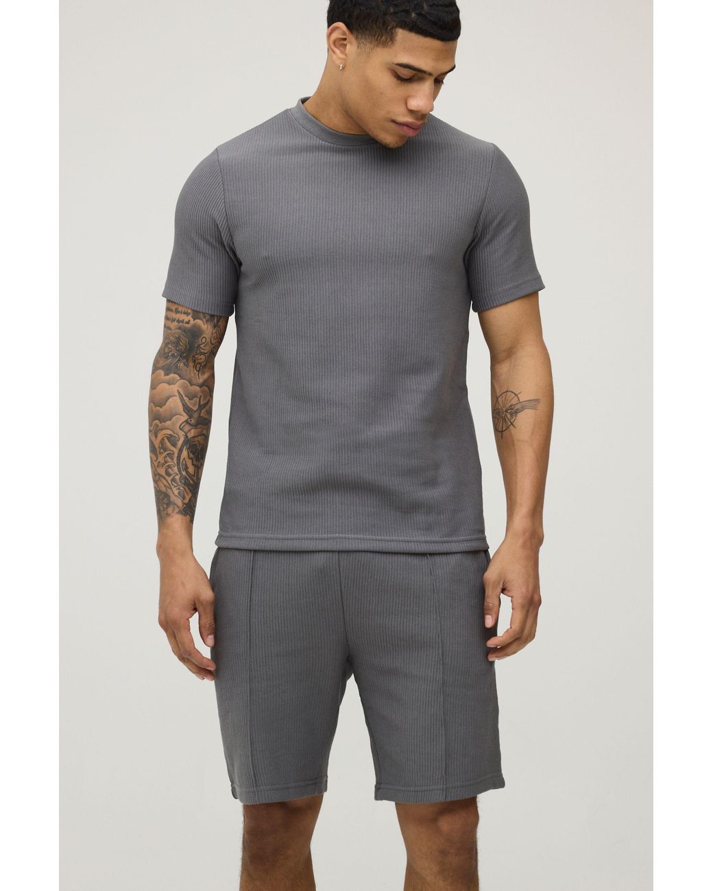 BoohooMAN Gray Slim Fit Ribbed Jersey T-Shirt & Shorts Set for men