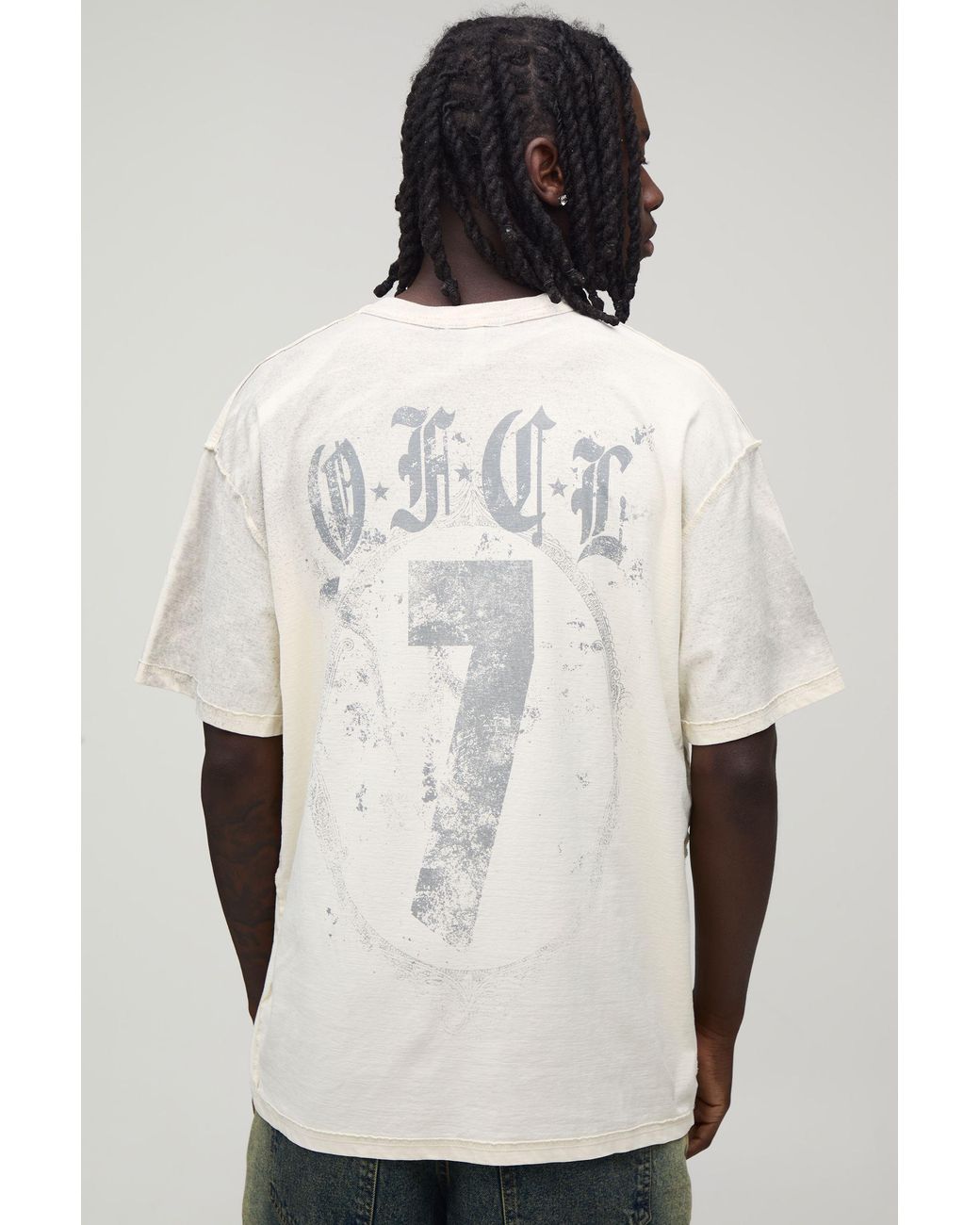 BoohooMAN White Oversized Exposed Seam Print Spray Wash T-Shirt Cotton for men