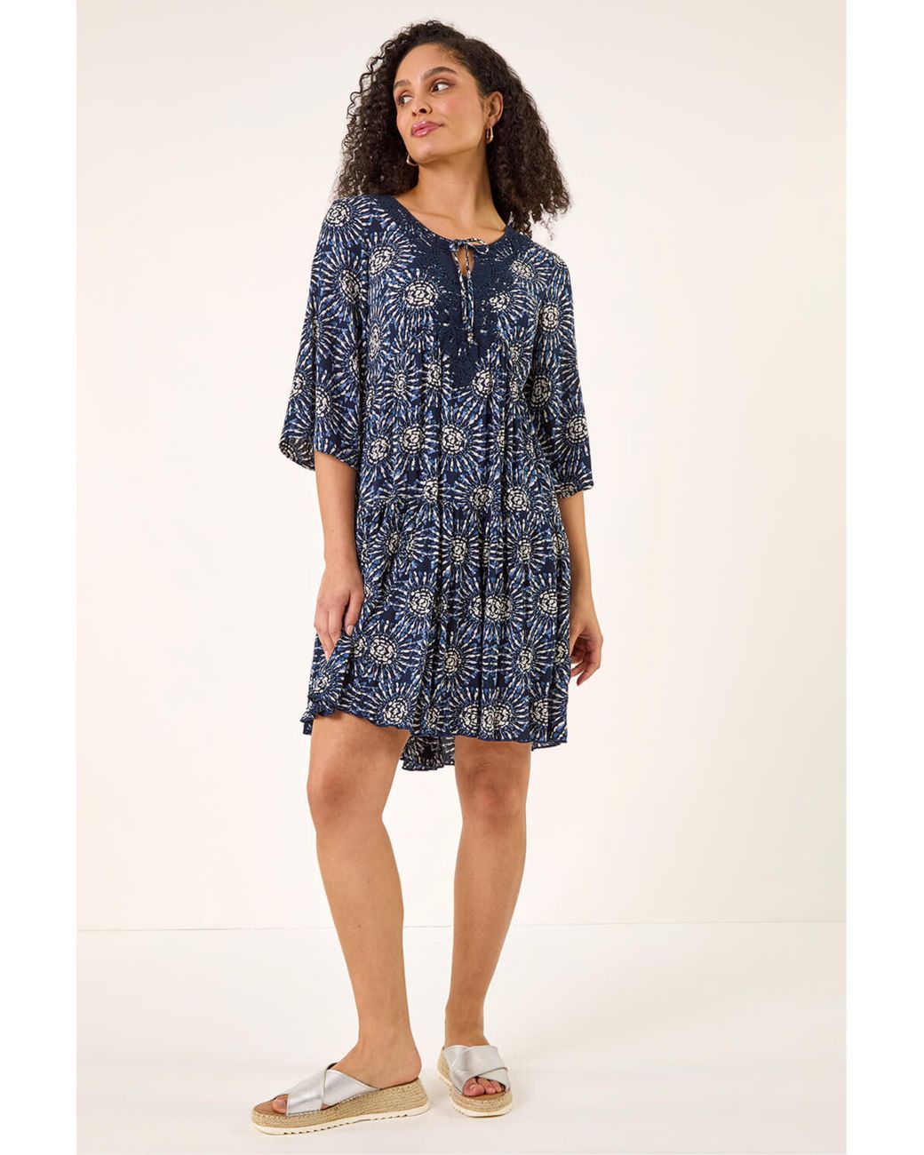 Roman Blue Geo Lace Detail Smock Dress