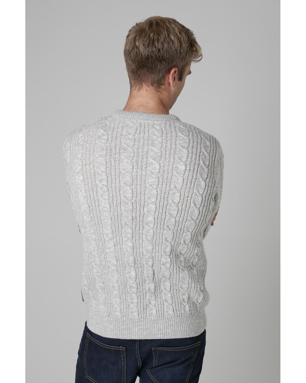 French Connection Gray Cable Knit Crew Neck Jumper for men