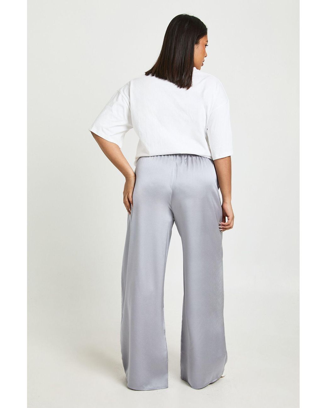 Boohoo White Plus Satin Drawstring Waist Wide Leg Trouser