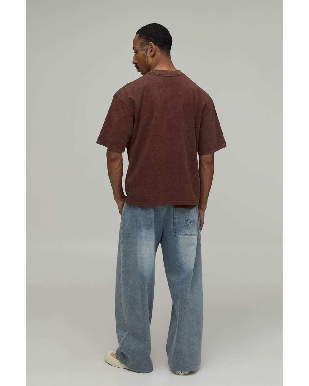BoohooMAN Brown Washed Oversized Boxy Nevada Varsity Print T-Shirt Cotton for men