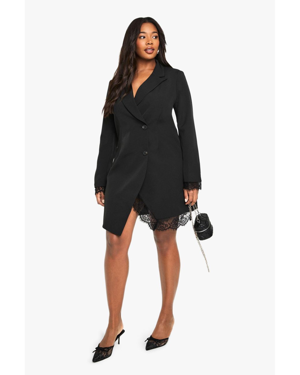 Boohoo Plus Lace Insert Blazer Dress in Black | Lyst UK