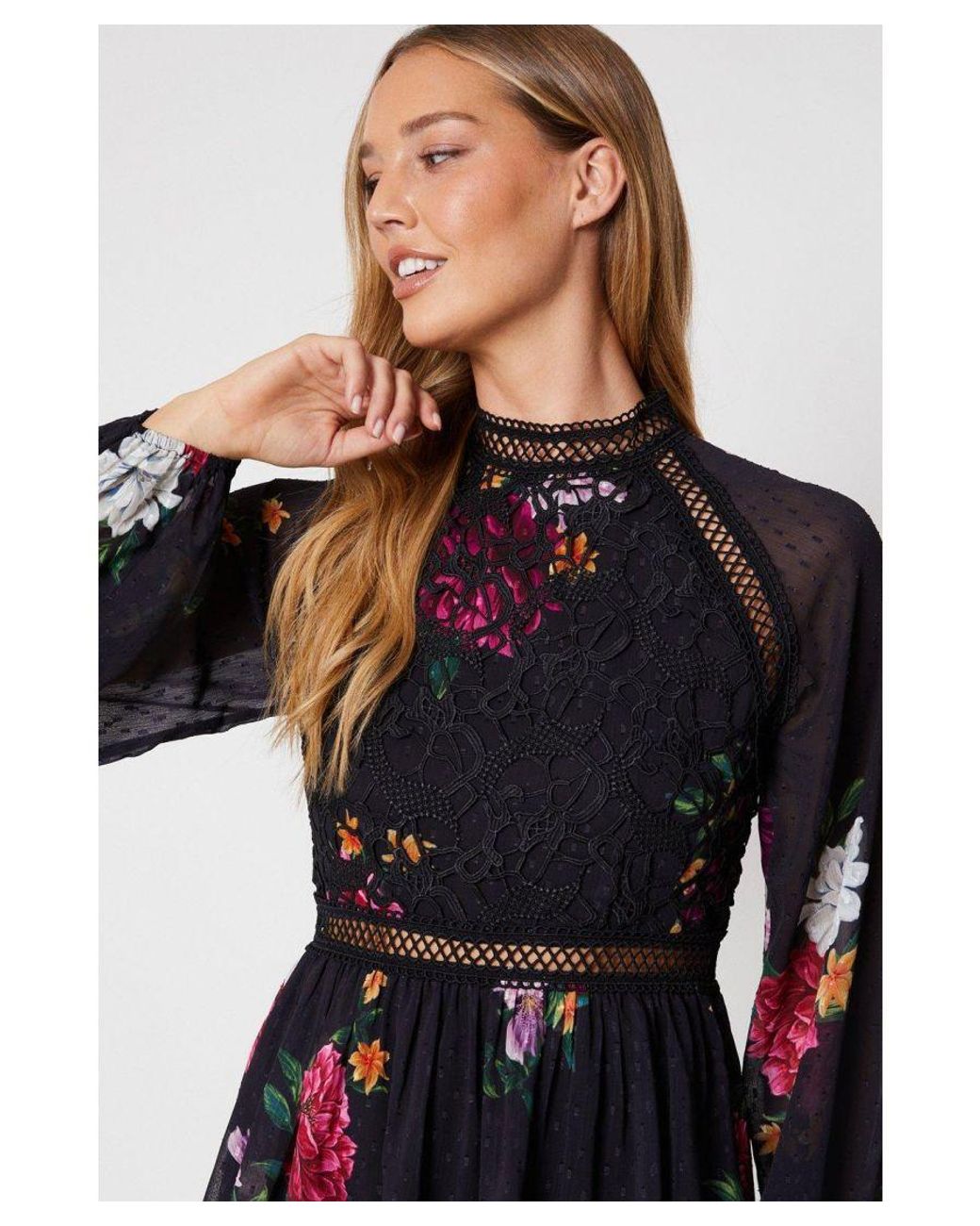 Oasis White Floral Lace Trim Dobby Chiffon Tiered Midaxi Dress