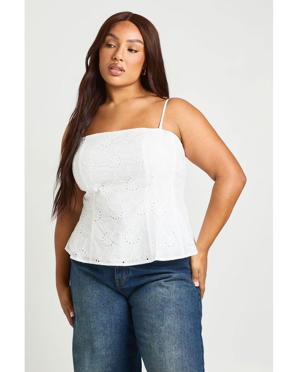 Boohoo White Plus Spaghetti Strap Broderie Peplum Top