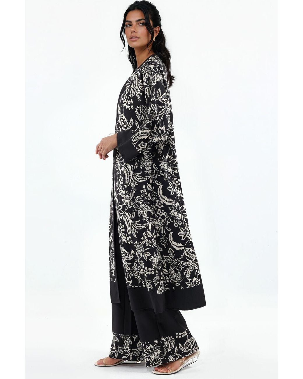 Msn-Collection Black Floral Tunic And Wide-Leg Pants Set
