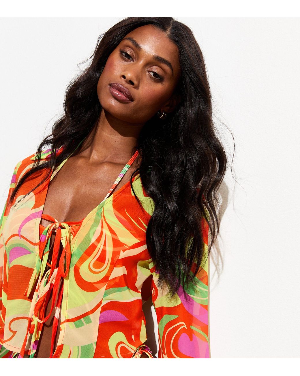 Gini London Orange Multi Pastel Swirl Tie Front Chiffon Beach Shirt