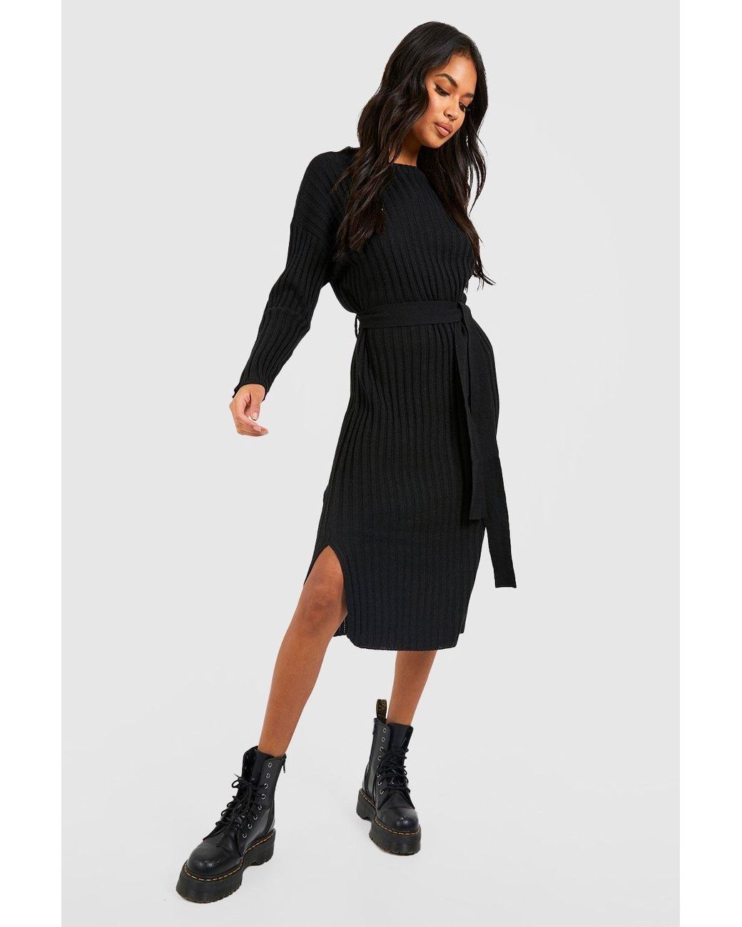 Boohoo Black Rib Knit Tie Waist Midaxi Dress