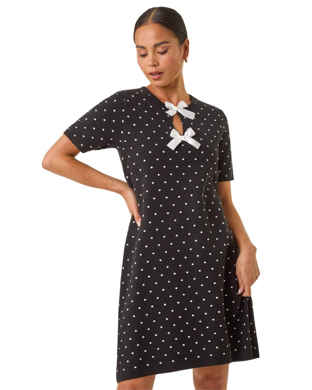 Roman Black Petite Polka Dot Knit Dress