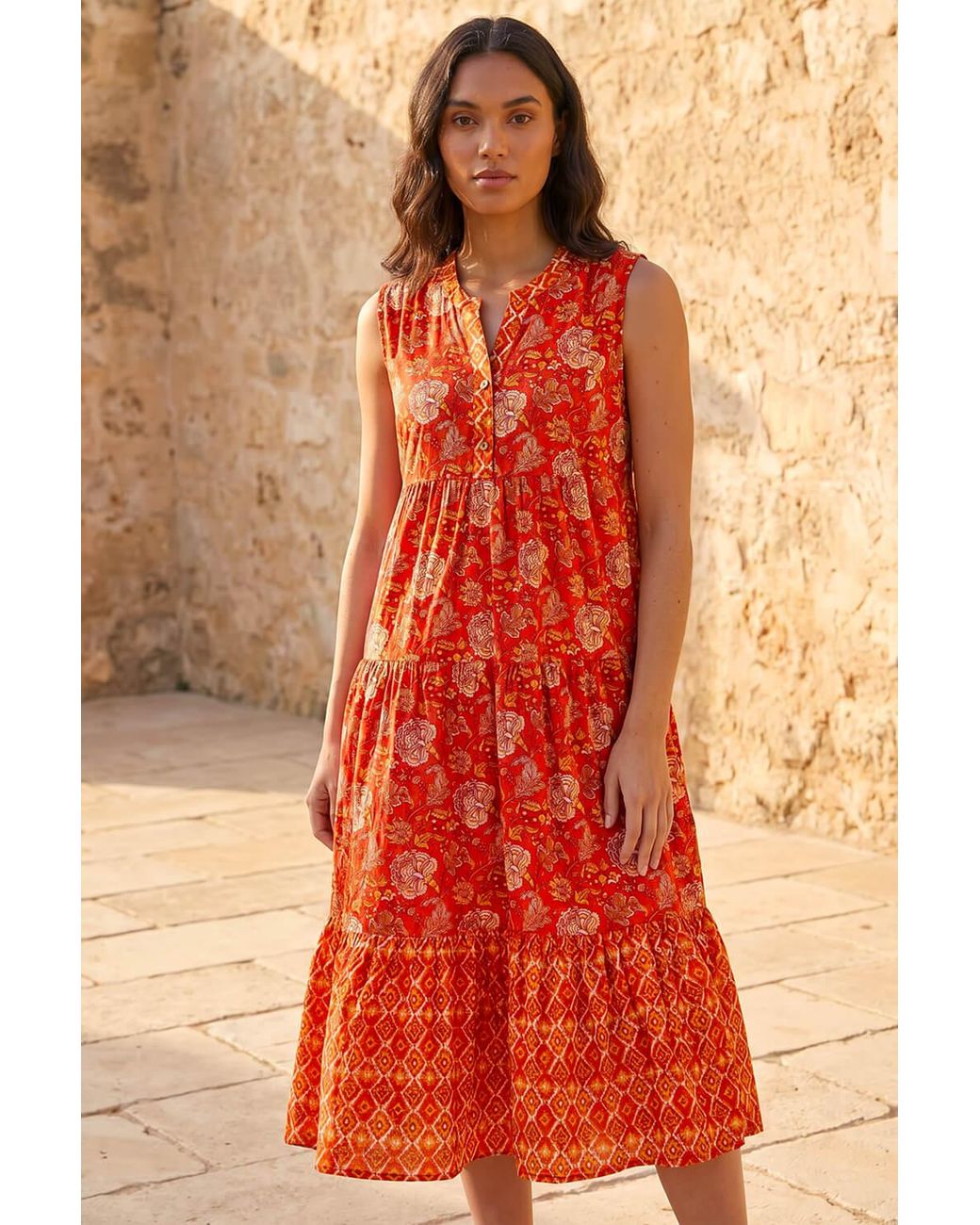 Roman Red Floral Print Contrast Swing Dress