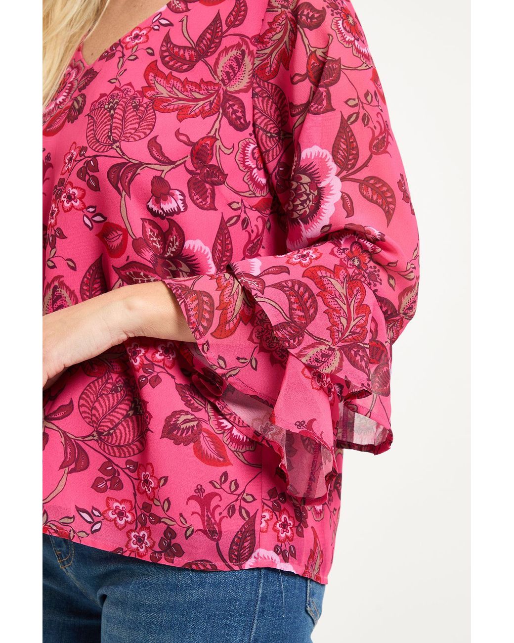 Wallis Pink Petite Floral Flute Sleeve Top