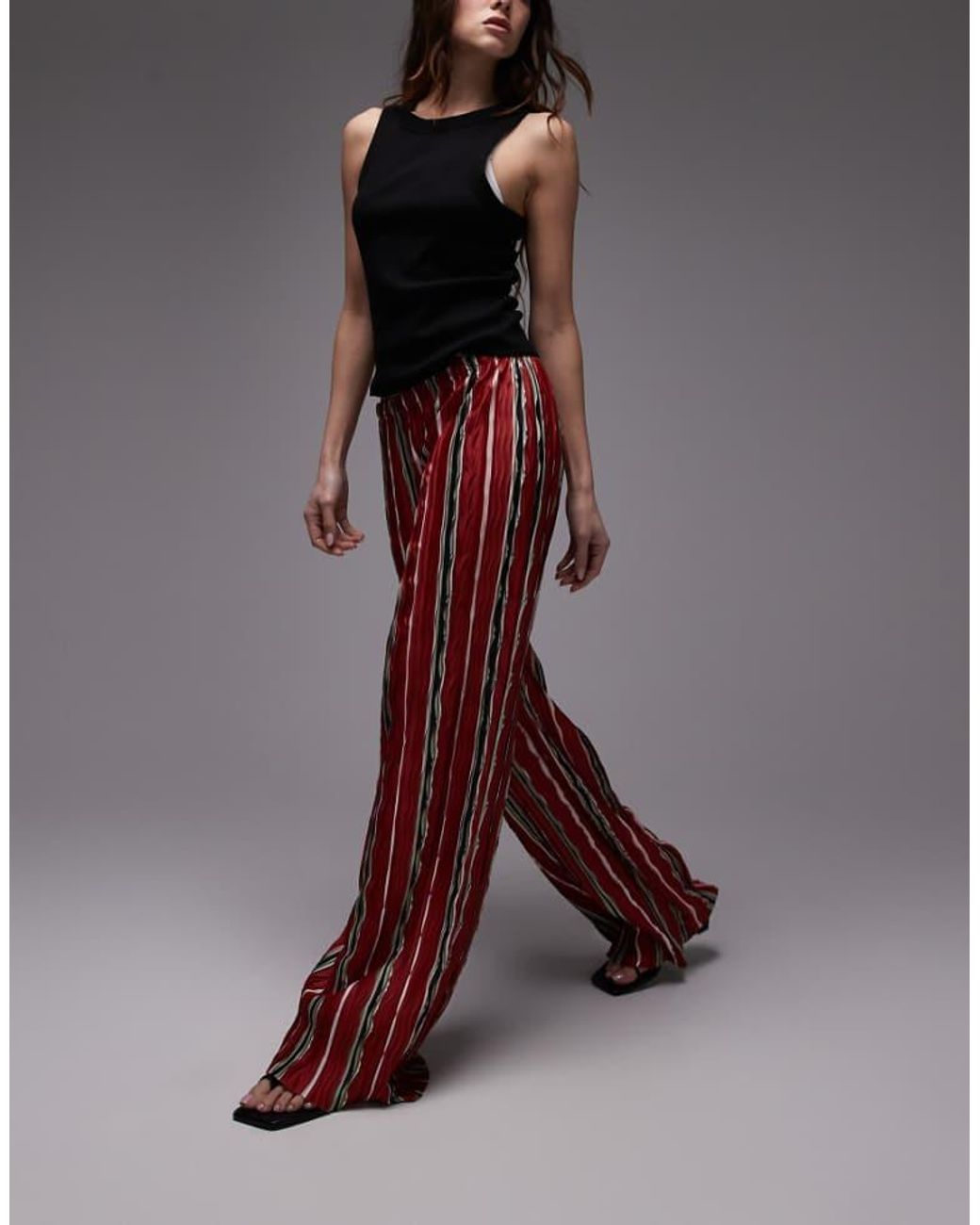 TOPSHOP Brown Stripe Plisse Wide Leg Trouser