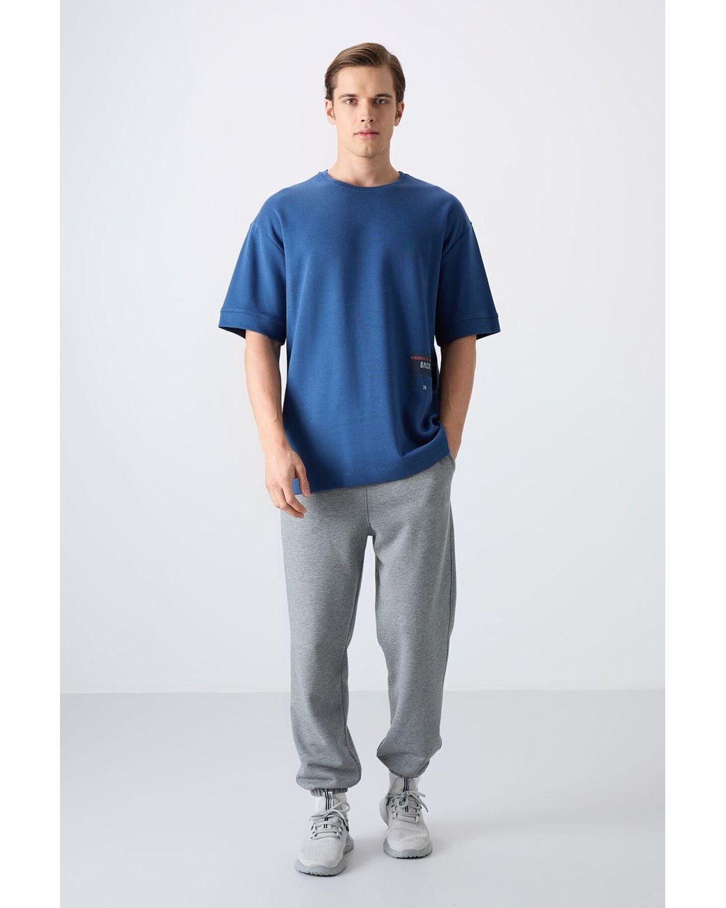 TOMMY LIFE Blue Oversized Cotton-Blend Crew Neck T-Shirt for men