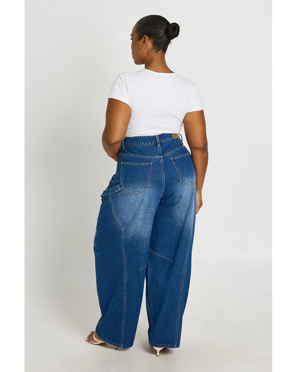 Boohoo Blue Plus Mid Waist Cargo Utility Barrel Jean